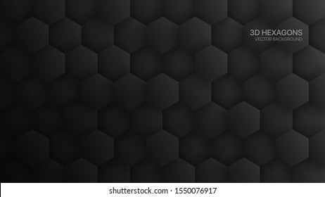 3D Vector Hexagon Pattern Dark Gray Abstract Technological Background. Tech Scientific Concept Hexagonal Blocks Structure Darkness Wide Wallpaper. Black Friday Sale Blank Tech Banner