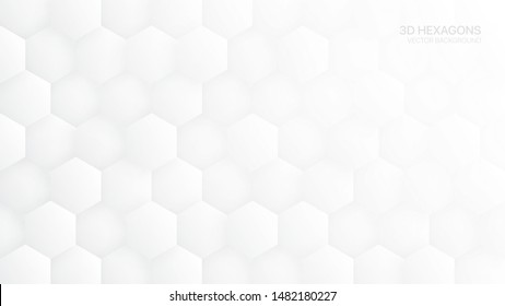 3D Vector Hexagon Pattern White Abstract Technological Background. Tech Scientific Concept Hexagonal Blocks Structure Light Wide Wallpaper. Clear Blank Subtle Textured Banner Backdrop