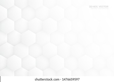 3D Vector Hexagonal Blocks Structure White Abstract Background. Three Dimensional Science Technologic Hexagons Light Conceptual Art Illustration. Clear Blank Subtle Textured Backdrop
