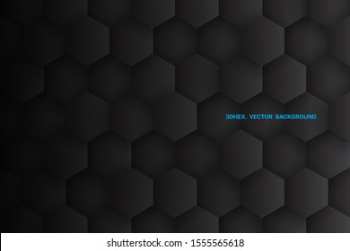 3D Vector Hexagons Grid Pattern Dark Gray Abstract Background. Science Technological Hexagonal Blocks Structure Conceptual Black Wallpaper. Three Dimensional Clear Blank Subtle Textured Backdrop