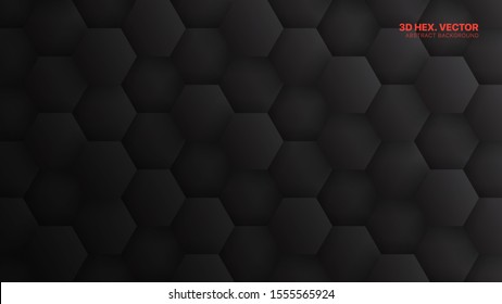 3D Vector Hexagons Pattern Technology Dark Gray Abstract Background. Concept Scientific Tech Hexagonal Blocks Structure Darkness Grey Wallpaper. Clear Blank Subtle Textured Banner Backdrop