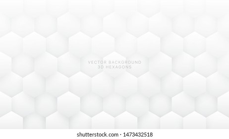 3D Vector Hexagons Technologic White Abstract Background. Sci-fi Hexagonal Blocks Structure Pattern Conceptual Minimalist Art Illustration. Light Clear Blank Subtle Textured Wallpaper