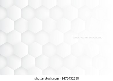 3D Vector Hexagons White Abstract Background. Science Technologic Hexagonal Blocks Structure Light Conceptual Wallpaper. Three Dimensional Clear Blank Subtle Textured Backdrop