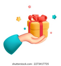 3d vector holiday celebration event web element man hand holds present gift box with floating stars design illustration