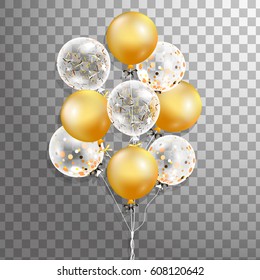 3d Vector holiday illustration Bunch of Glossy gold, white transparent with confetti  balloons. Party decorations for birthday, anniversary, celebration, event design,wedding. 