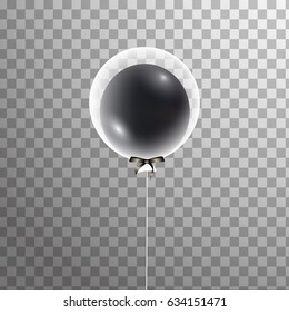 3d Vector holiday white transparent balloon with black balloon inside with  bow isolated.  Party decorations for birthday, anniversary,  invitation, celebration, wedding, event design. 