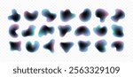 3d vector holographic amoeba shapes set. Modern free form design elements. Dark glowing liquid shape stickers. Neon light shadow silhouettes on transparent bg. Freeform chrome glow effect illustration
