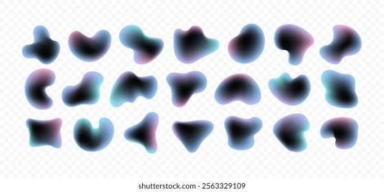 3d vector holographic amoeba shapes set. Modern free form design elements. Dark glowing liquid shape stickers. Neon light shadow silhouettes on transparent bg. Freeform chrome glow effect illustration