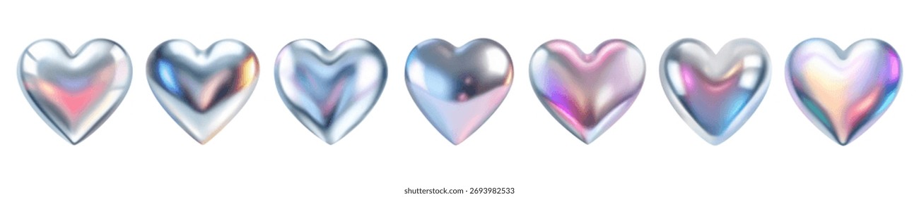 Conjunto de forma de corazón iridiscente de cromo holográfico de Vector 3D. Colección metálica plateada del símbolo del amor del corazón aislada en el fondo blanco
