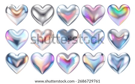 3d vector holographic chrome iridescent heart shape set. Silver metallic heart love symbol collection isolated on white background.