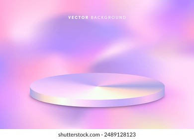 3d vector holographic product podium background. 3d render scene template with round shiny metallic stage on neon purple background. Empty pedestal for product presentation, design, promo.