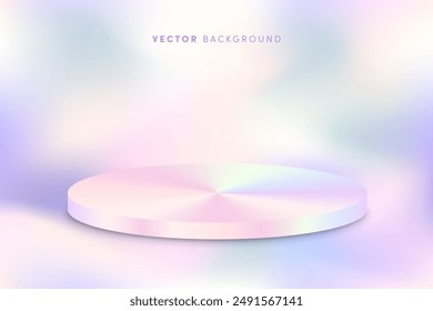 Fondo del podio del producto holográfico del Vector 3d. Plantilla de escena de render 3d con escenario metálico brillante redondo sobre fondo iridiscente pastel. pedestal vacío para la presentación del producto, diseño, promoción.