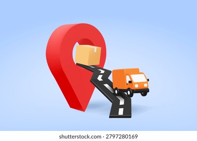 3d vector home delivery logistics concept with orange cargo truck, cardboard parcel box, asphalt road navigation and giant red location pin pointer (Non-AI: 3D Render Ref - Manual Vector)