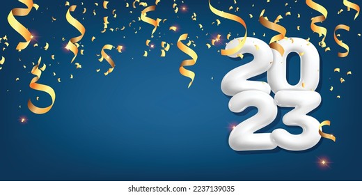3d vector horizontal Happy New Year white number 2023 greeting card design. Blue holiday background gold twisted flying confetti web element.