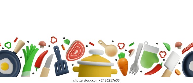 3d vector horizontal pattern with an empty space for text. Culinary icons that depict the chef's kitchen utensils among fresh vegetables and raw meat on a white background.