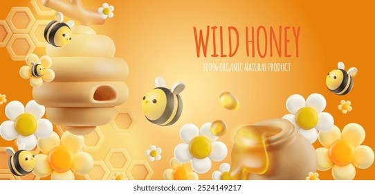 3d vector horizontal poster with floral honey on a yellow background. The set includes a honey pot, white daisies, a swarm of bees, a beehive and honeycombs.