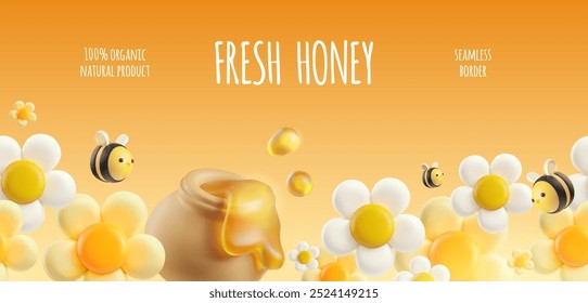 3d vector horizontal poster with seamless border with honey and bees. The set includes a pot, white flowers and a swarm of bees. The banner for organic food.