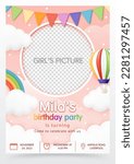 3D vector with hot air balloon and a rainbow pink background. Birthday invitation card for children, baby shower invite greeting card, child and kid party, social media, online, website. It