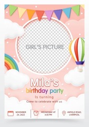 3D Vector With Hot Air Balloon And A Rainbow Pink Background. Birthday Invitation Card For Children, Baby Shower Invite Greeting Card, Child And Kid Party, Social Media, Online, Website. It's A Girl