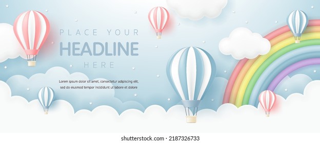 3D vector with hot air balloon, cloud and rainbow in blue sky background for kid banner, baby shower, birthday greeting card, children's day, Valentine's Day, social media, wallpaper, website, sale