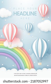 3D vector with hot air balloons and a rainbow in the blue sky background for kids banner, birthday greeting card, baby shower party, Happy Women's, Mother's, Children's Day, social media wallpaper