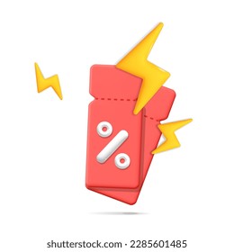 3D Vektor Hot Online-Shopping-Tag mit gelbem Blitz-Donner-Symbol und rotem Floating-Coupons Ticket mit weißem prozentualen Schild Muster Muster-Design. 