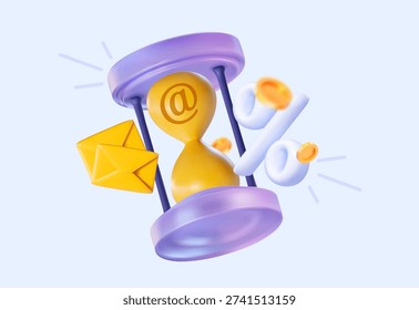 3D vector hourglass with email envelopes and percentage sign. Concept of limited time offer, newsletter marketing, and business deadline for financial discounts. Isolated on white.