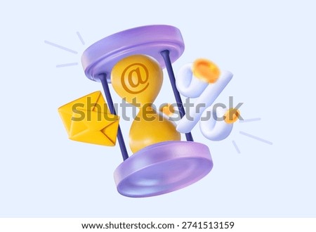 3D vector hourglass with email envelopes and percentage sign. Concept of limited time offer, newsletter marketing, and business deadline for financial discounts. Isolated on white.