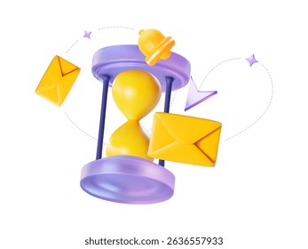 3D vector hourglass with envelopes and notification bell. Symbol of email reminders, countdown timer and digital communication for business or app interface