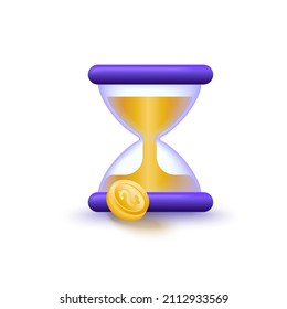 3d vector hourglass and golden coin with dollar. Saving money and time concept.
