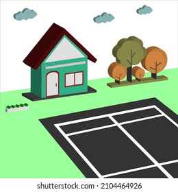 3D Vector house with a green grass badminton court, trees and potted plants, a small house for a simple family