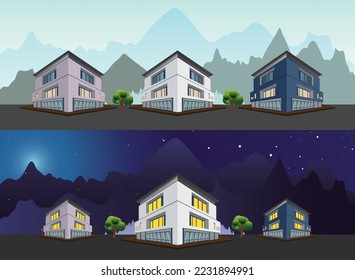 3D vector house illustrations in perspective view with green trees in cartoon style. Night vs Daytime View. Family house, work office, and factory building. 3d isometric infographic concept. Vector.