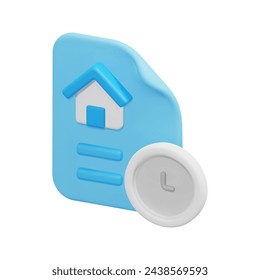 Icono de contrato de bienes raíces de casa vectorial 3d. Aislado sobre fondo blanco. Alquiler 3d de la propiedad y concepto de bienes raíces. Dibujos animados estilo minimalista. Ilustración de representación vectorial de icono de contrato de arrendamiento 3d.