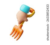 3D vector of human hand holding rake, orange with short metal handle. Garden equipment. Device for loosening soil and cleaning grass. Cartoon isolated icon. Illustration. Rendering.