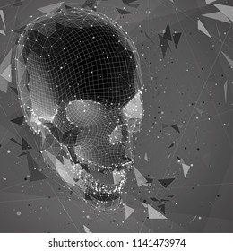 3d vector human skull of all segments explodes. bright art.