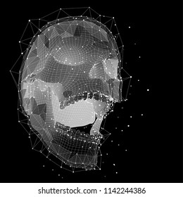 3d vector human skull of all segments explodes. bright art.