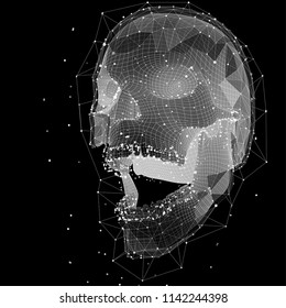 3d vector human skull of all segments explodes. bright art.