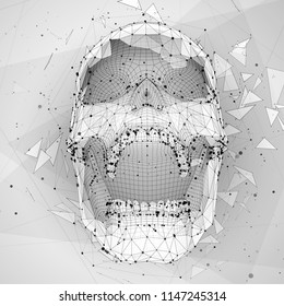 3d vector human skull of all segments explodes. bright art.
