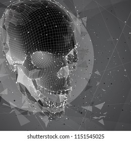 3d vector human skull of all segments explodes. bright art.