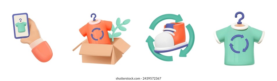 Vector 3D de la ropa del icono con el símbolo del reciclaje. Concepto de reventa o reutilización de prendas. Sostenibilidad en la moda, fomentando el reciclaje y reutilización de prendas de vestir para reducir los residuos.