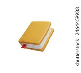3D Vector icon of a closed book with a yellow cover and a bookmark between the pages. Ideal for educational book publishers and literature branding. Icon in cartoon style on isolated background.
