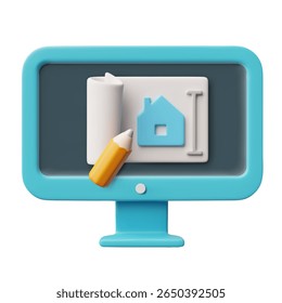 3D vector icon with computer monitor and house drawing, pencil. Architectural project, development, design. Cartoon illustration. Isolated background. Render.