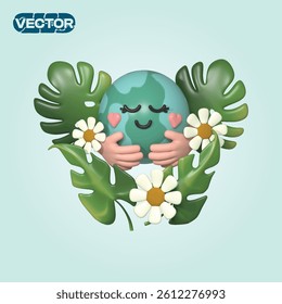 3D vector icon earth hugging flowers and leaves on a light blue background. realistic illustration 