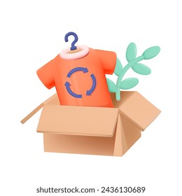 3D vector icon eco-friendly clothing concept with recycle symbol. T-shirt and plant floating out of a cardboard box. Reselling used garment.