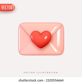 3d vector icon envelope letter, mail letter with red heart. Realistic Elements for romantic design. Isolated object on white background