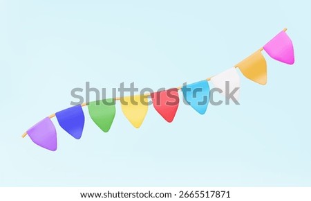 3D vector icon Flag garland colorfu on pastel background. Bunting theme rope decor party festival surprise Design feast celebration template congratulation event. cartoon illustration style