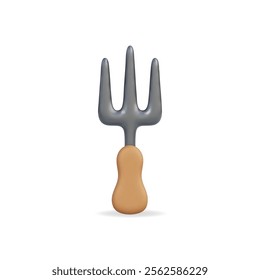 3d vector icon of a gardening pitchfork, featuring a metallic finish with a wooden handle, ideal for outdoor activities