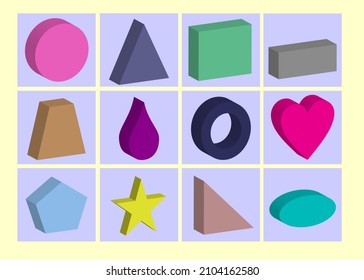 3d vector icon geometric shape colorful circle, triangle, cube, block, drop, love, star, and elips. For your decoration property images.