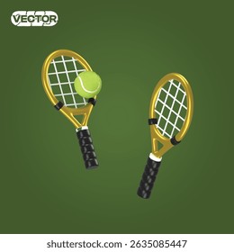 3D vector icon gold tennis rackets and ball  on a green background. realistic illustration 