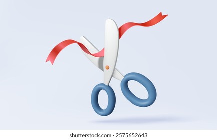 3d vector icon Grand opening inaugural beginning scissors cut red ribbon beginning official festive pastel on background. event party special banner element cartoon design 3d render illustration